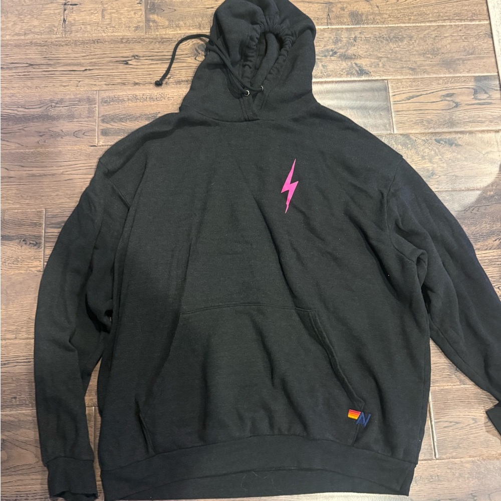 Aviator Nation Black Hoodie with Pink Bolt